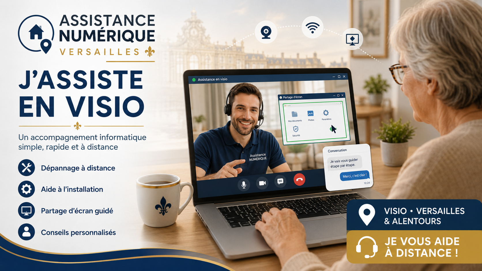 Assistance informatique en visio à Versailles — dépannage à distance iPhone et PC